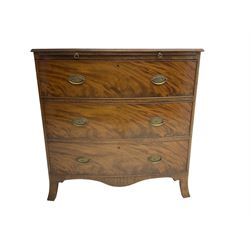 George III mahogany bow-front chest, moulded edge, fitted with brushing slide over three cock-beaded drawers