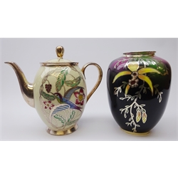  Silver overlay porcelain coffee pot by Friedrich Deusch, painted with a Hummingbird amongst trees, H26cm and KPM Krister silver overlay vase, floral painted body on black ground (2)  