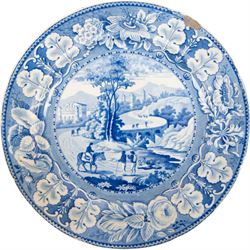 Eight 19th century transfer printed Italian Scenery pattern dinner plates, attributed to Leeds Pottery, with printed Italian Scenery mark beneath, D26cm