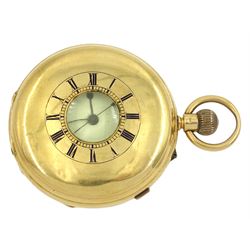 Victorian 18ct gold half hunter, keyless English lever chronograph pocket watch, movement back plate inscribed Andrew Marcus & Sons, Leith, No. 102514, capped jewels to the centre wheel, white enamel dial with Roman numerals, case by Isaac Jabez Theo Newsome, Chester 1887