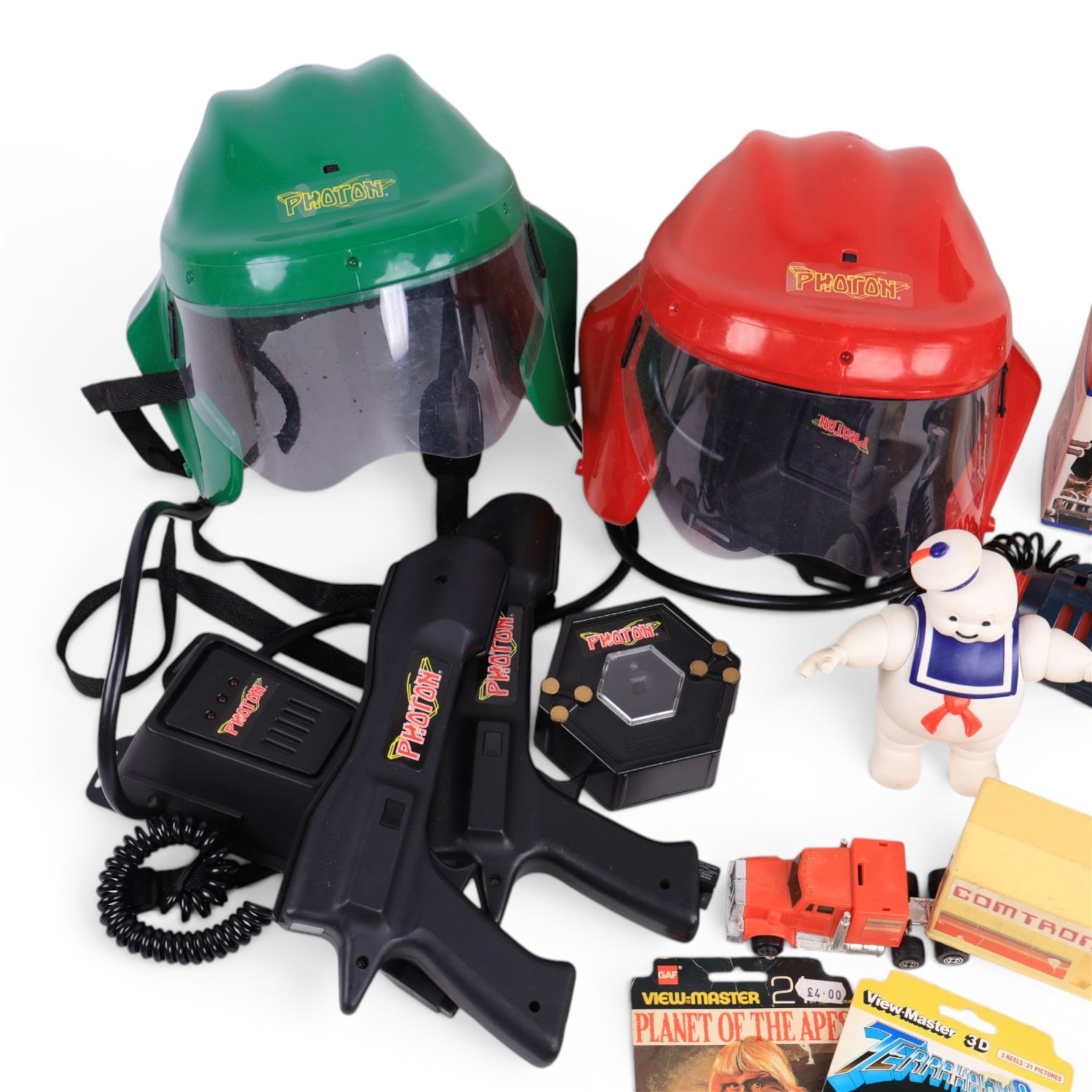 1980s toys, including Kenner The Real Ghostbusters Ghost Popper, Kenner Ghostbusters Stay Puft Marshmallow Man, boxed Kenner Robin Hood Prince of Thieves Bola Bomber, boxed Tyco Thunderbirds View Master 3D gift set, Planet of the Apes and Terrahawks Viewmaster slides, Proton Warrior Battle Game and a Knight Rider Comtron lorry