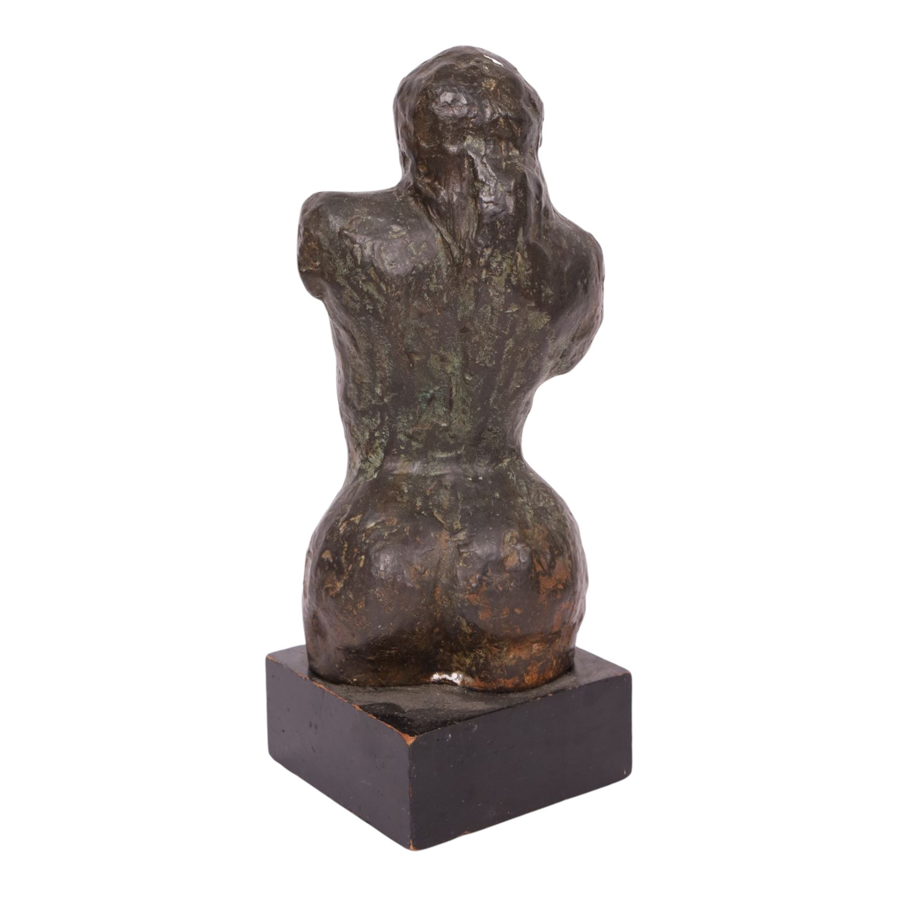 Bronzed sculpture modelled as a female torso, upon a square plinth, H39cm 