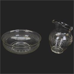 Edwardian glass wash jug and bowl, each engraved with looping border, jug H31.5cm, bowl D39.5cm
