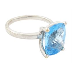18ct white gold blue topaz ring, four claw set with a single cushion briolette cut Swiss blue topaz, hallmarked