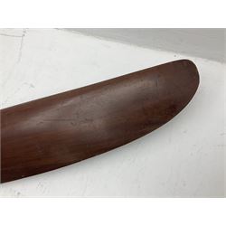 Early 20th century Avro 504 80HP Gnome laminated mahogany two-blade propeller with metal centre to the hub, stamped to the face of the hub 'AVRO Y80 80HP GNOME TYPE 504 & 504A A.I.D.29 A.I.D.32 1545' and to the sides of the hub '2744 DIA 1829 PITCH' and '1470'; traces of A.V. Roe & Co Ltd Manchester transfers to both blades L273.8cm; Auctioneer's Note: The Avro 504 was introduced in 1913 and was quickly taken up by the Royal Flying Corps as a trainer and observation machine; robust and versatile it remained in general service as a trainer until the late 1920s then widely for civilian use as a joy-rider and for stunt displays. The legendary RAF WWII ace, Douglas Bader, took instructions and would have had his first solo flight in just such a machine.