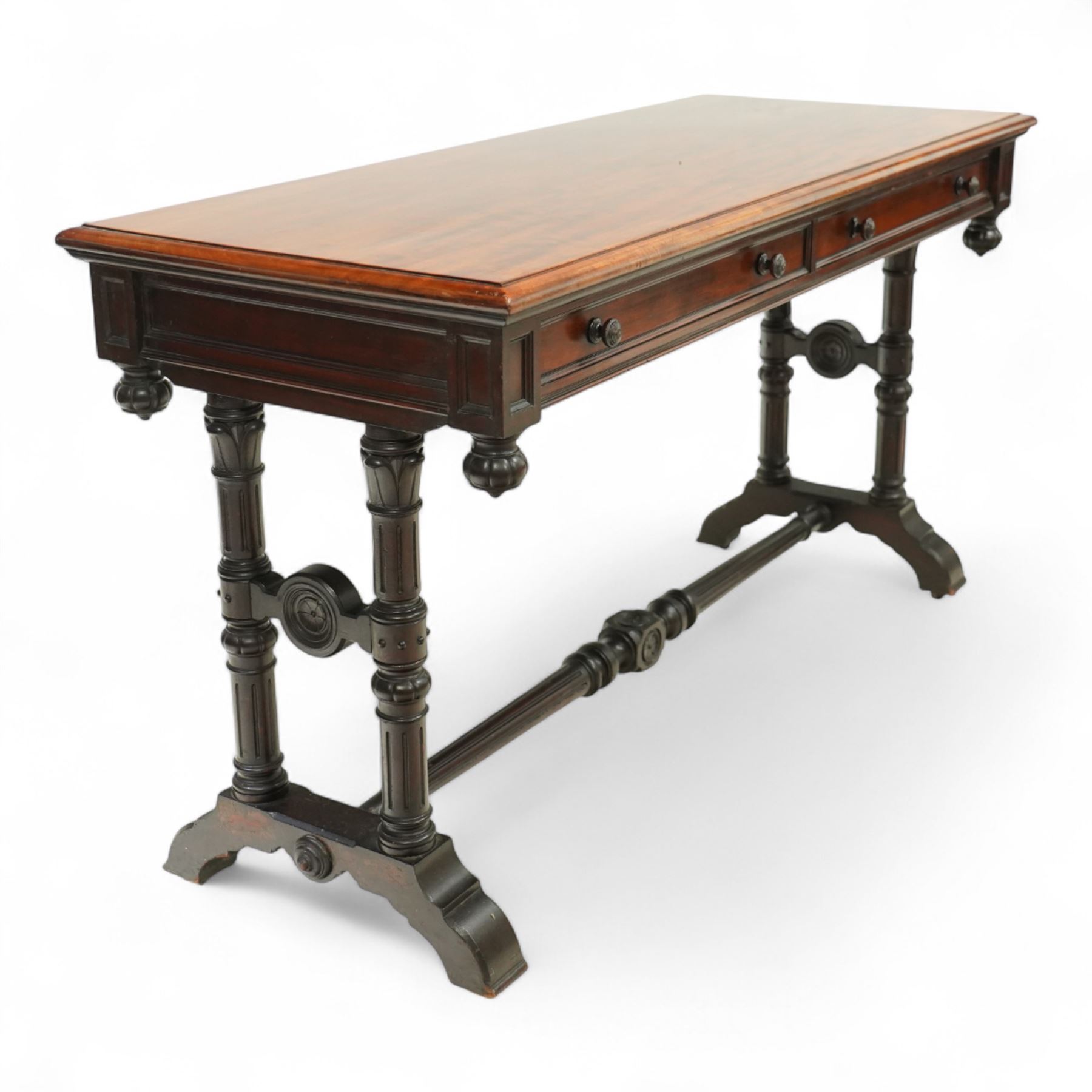 Victorian mahogany hall table, rectangular top with moulded edge over two frieze drawers with turned knob handles, raised on ring turned legs with bun feet, united by a ring turned stretcher