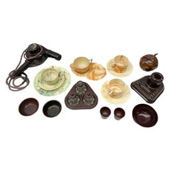 Collection of Bakelite to include Ormond hair dryer, 1930a Prettywell inkstand, Bandalasta marbled green teacup trio, two Sirram cups and saucers, Diadam Linga Longa etc