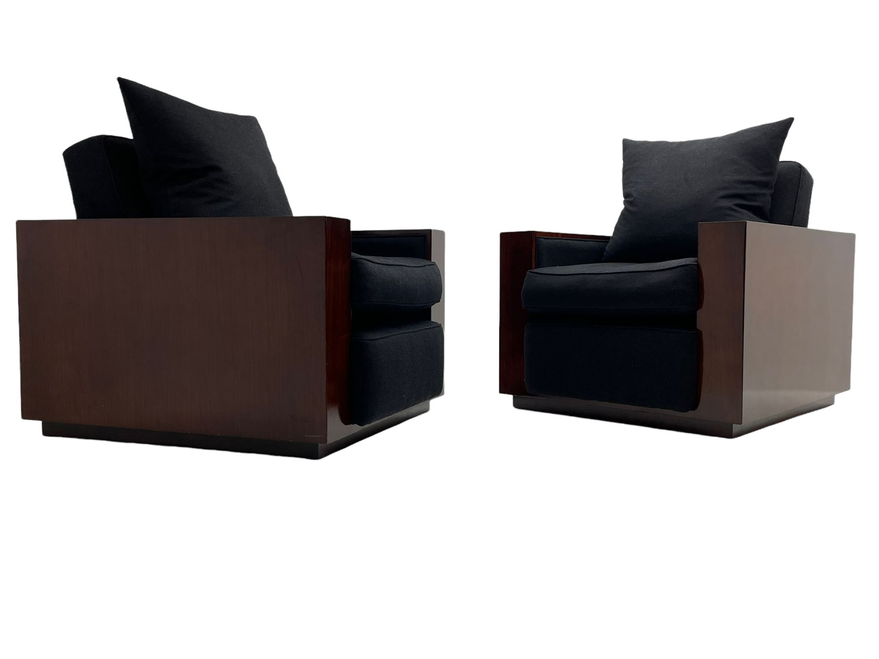 Ralph Lauren - pair 'Metropolis' Art Deco design club armchairs, rosewood finish box frame, upholstered in black fabric