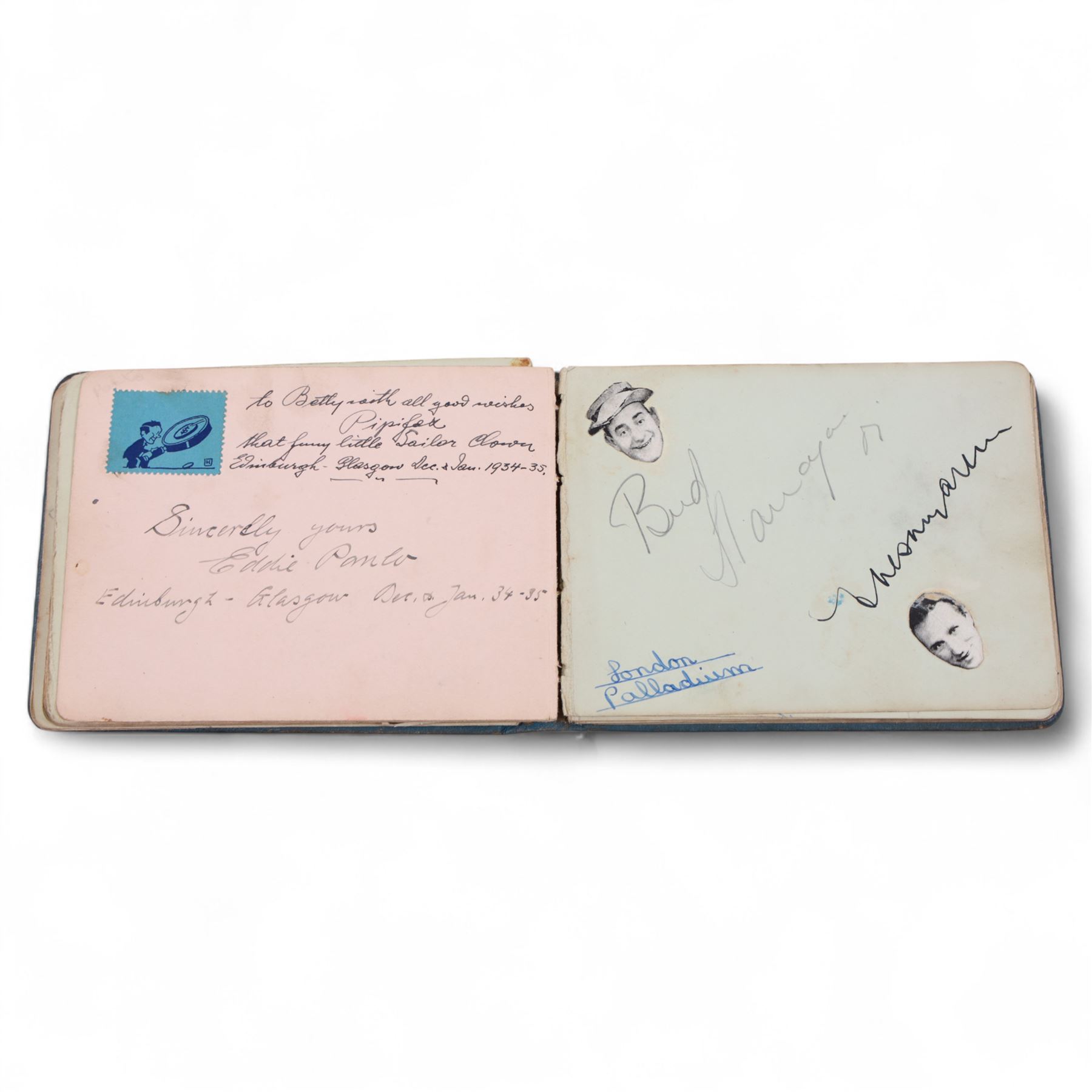 1930s autograph book containing various signatures from theatre performers and musicians, including Douglas Wakefield, Dorothy Langley, Phyllis Robins, Billy Scott-Coombes, Alfredo, etc 