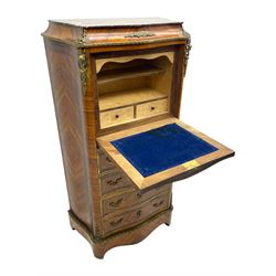 Mid-20th century Louis XVI design Kingwood and walnut secretaire à Abattant, shaped serpentine form with dark rouge variegated marble top, the fall front disguised as three drawers enclosing birdseye maple interior with shelf, drawers and writing surface, four functioning drawers below, decorated with cast gilt metal mouldings and mask cartouches, on skirted base with egg and dart moulded gilt metal edge