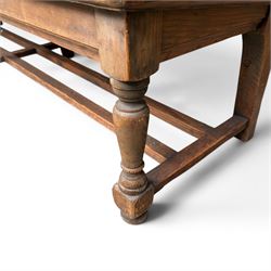 Early 20th century pine and oak bench seat, stained pine rail back frame with shaped oak arms