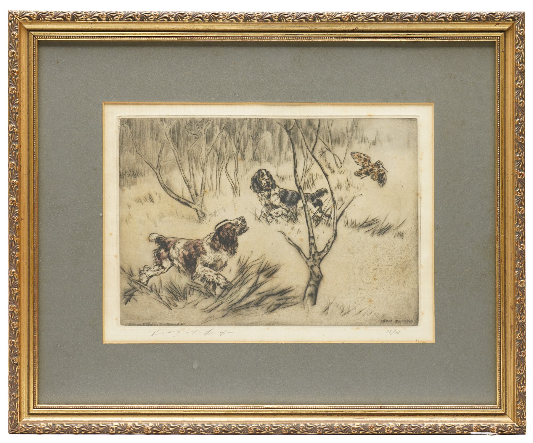Tom Carr (British 1912-1977): 'Across the Road', limited edition coloured etching signed titled and numbered 67/75 in pencil 25.5cm x 37.5cm; Henry Wilkinson (British 1921-2011): Spaniels Flushing a Woodcock, limited edition coloured etching signed and dated 73/75 in pencil 20cm x 29cm (2)