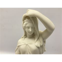 Parian ware figure of a woman in classical dress with one hand raised, H34cm