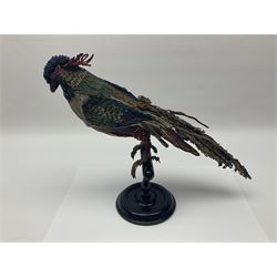 Victorian bead and wire model of a parrot, of polychrome beads, with glass eyes, on ebonised wooden base with turned support, H33cm