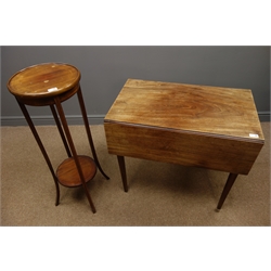  George III mahogany drop leaf Pembroke table, square tapering supports, drawer to end and false drawer to rear,  (W81cm, H72cm, D98cm), and an Edwardian inalid mahogany plant stand, (W45cm, H96cm)  
