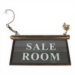 Early 20th century brass ceiling hanging illuminated sign 'sale room', H27cm, L48cm