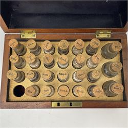 Ashton & Parsons Homeopathic pharmacy box, the fitted interior with thirty glass bottles with cork stoppers and labels to the glass, H10cm, L21cm