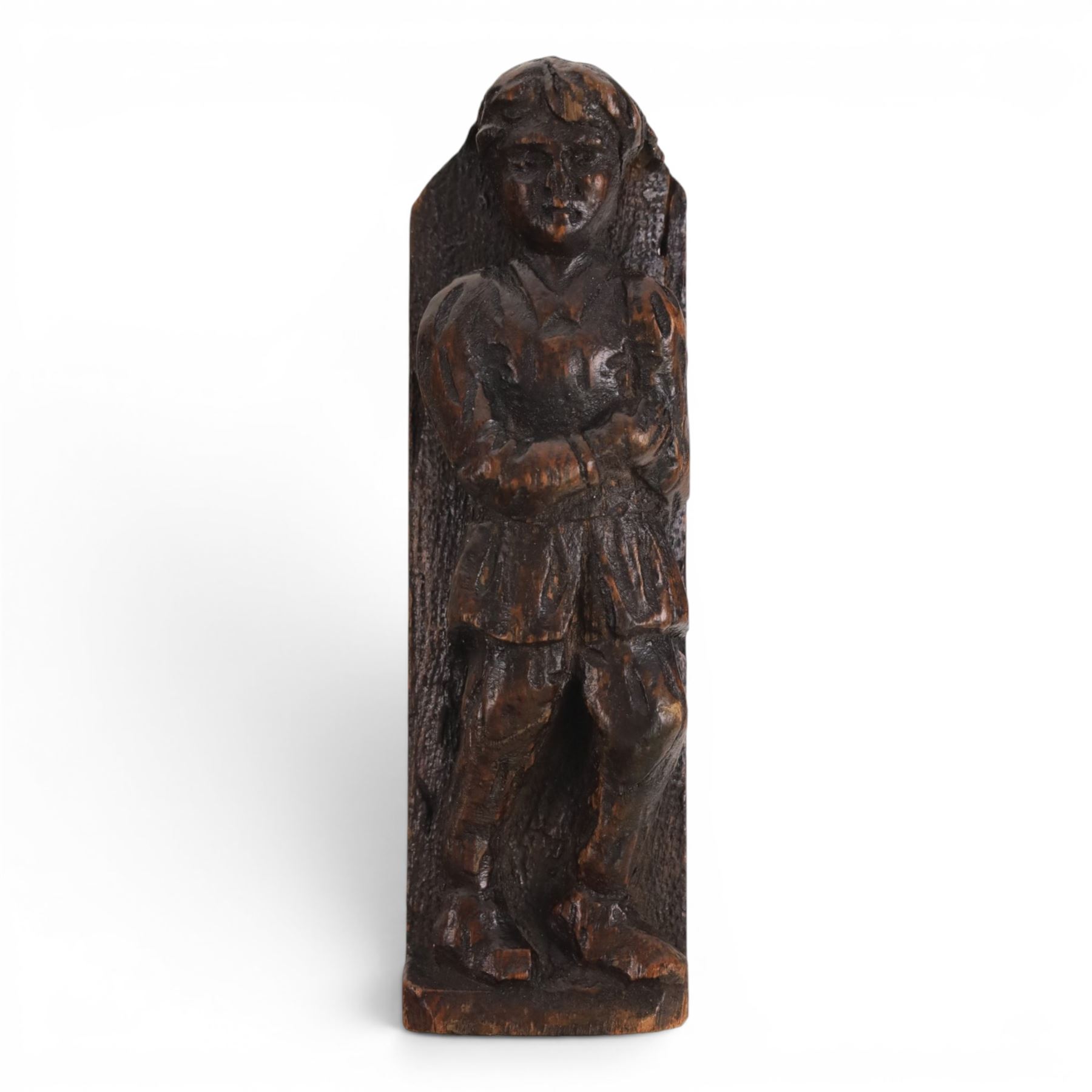 Late 18th century oak candle box and 19th century carving, candle box H44cm