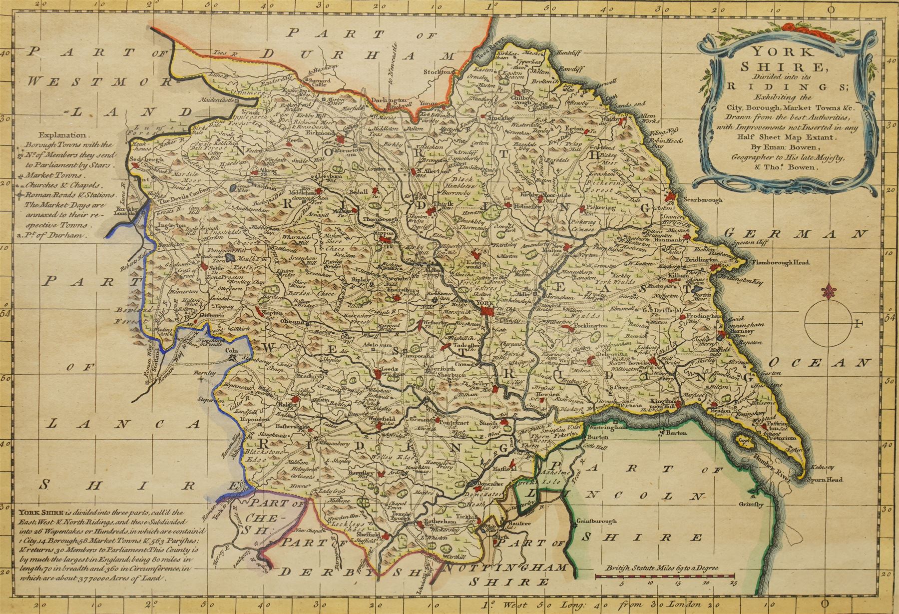 Emanuel Bowen (British 1694-1767): 'Yorkshire Divided into its Ridings' 'North Riding of Yorkshire' 'West Riding of Yorkshire' and 'East Riding of Yorkshire', set of four 18th century engraved maps with hand-colouring pub. Thomas Kitchin c.1750, 24cm x 34cm (4)