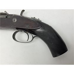 19th century George Gibbs of Bristol .461 cal. muzzle loading percussion match rifle with 28cm cut-down barrel and cut-down stock, Metford type rifling, fitted with additional three folding leaf rear sight to 400yds, back action sight still fitted to tang, maker's name to lock and top of barrel, serial no.439. L46.5cm overall