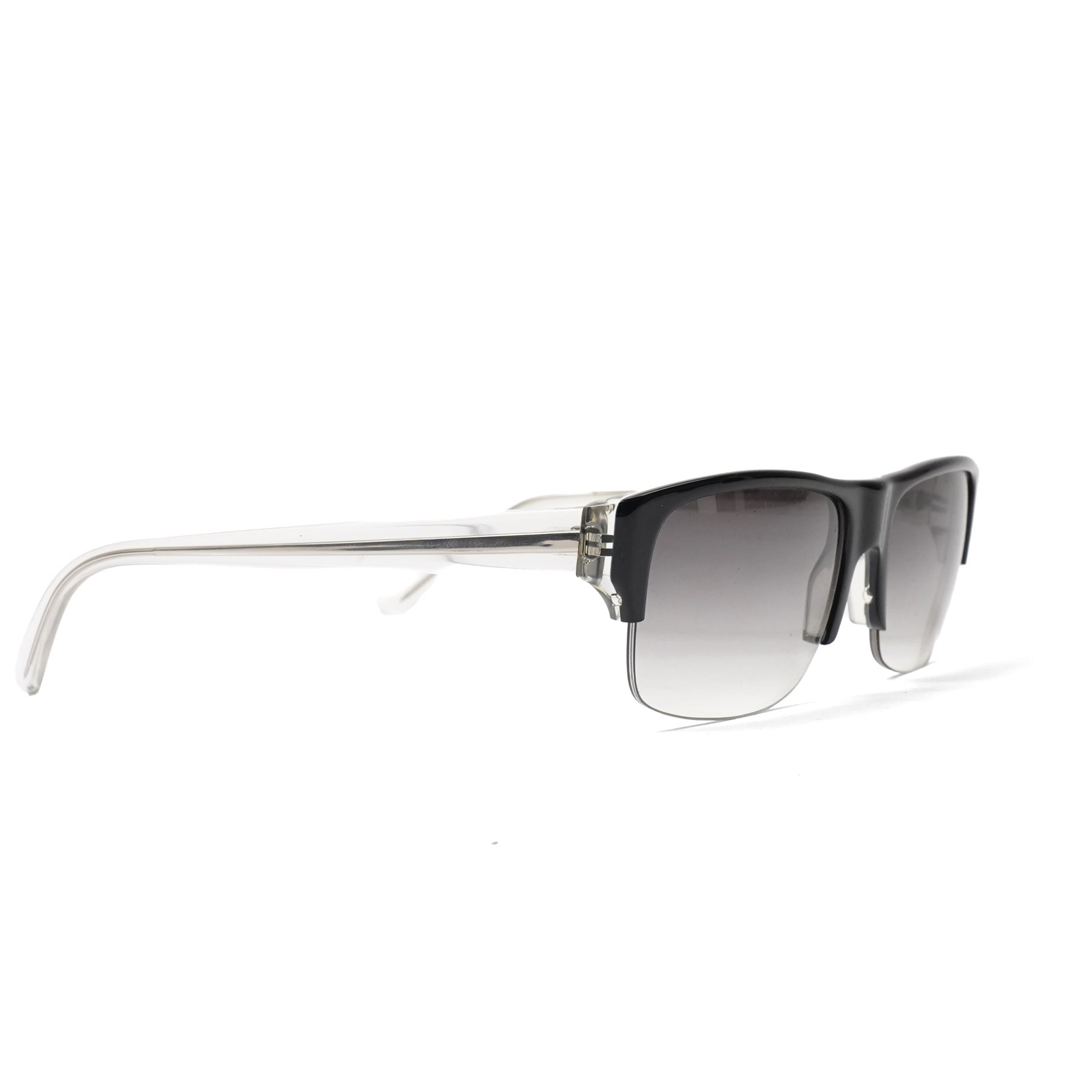 Prada - half-rim sunglasses with black acetate upper frame, clear acetate and silver-tone metal temples, graduated smoke lenses and PRADA lettering to the arms, in original hard case