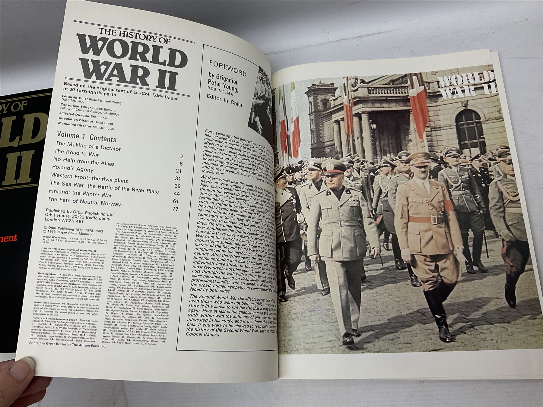 Three boxes of books, periodicals and DVDs of military interest with particular emphasis on WW2 including The History of World War Two in thirty original parts by Orbis, The D-Day Experience by Richard Holmes, The World War Two Databook, The World at War, Special Forces etc