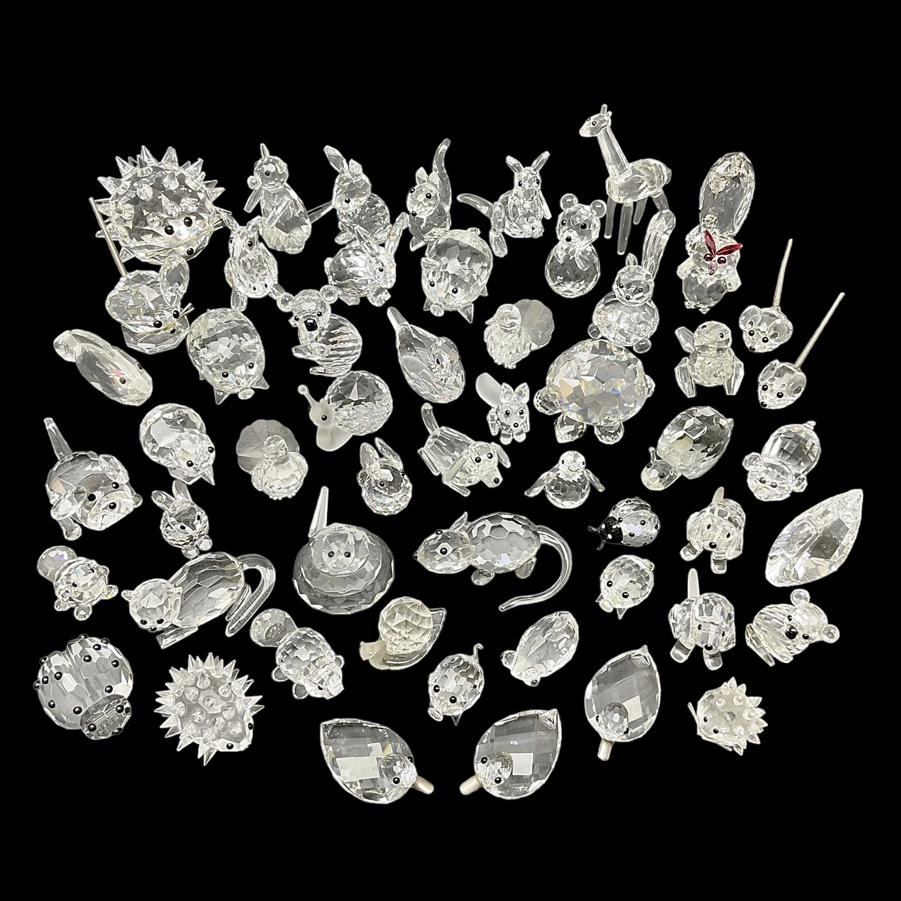 Collection of Swarovski Crystal animals, to include hedgehogs, snails, birds, mice and snakes, etc