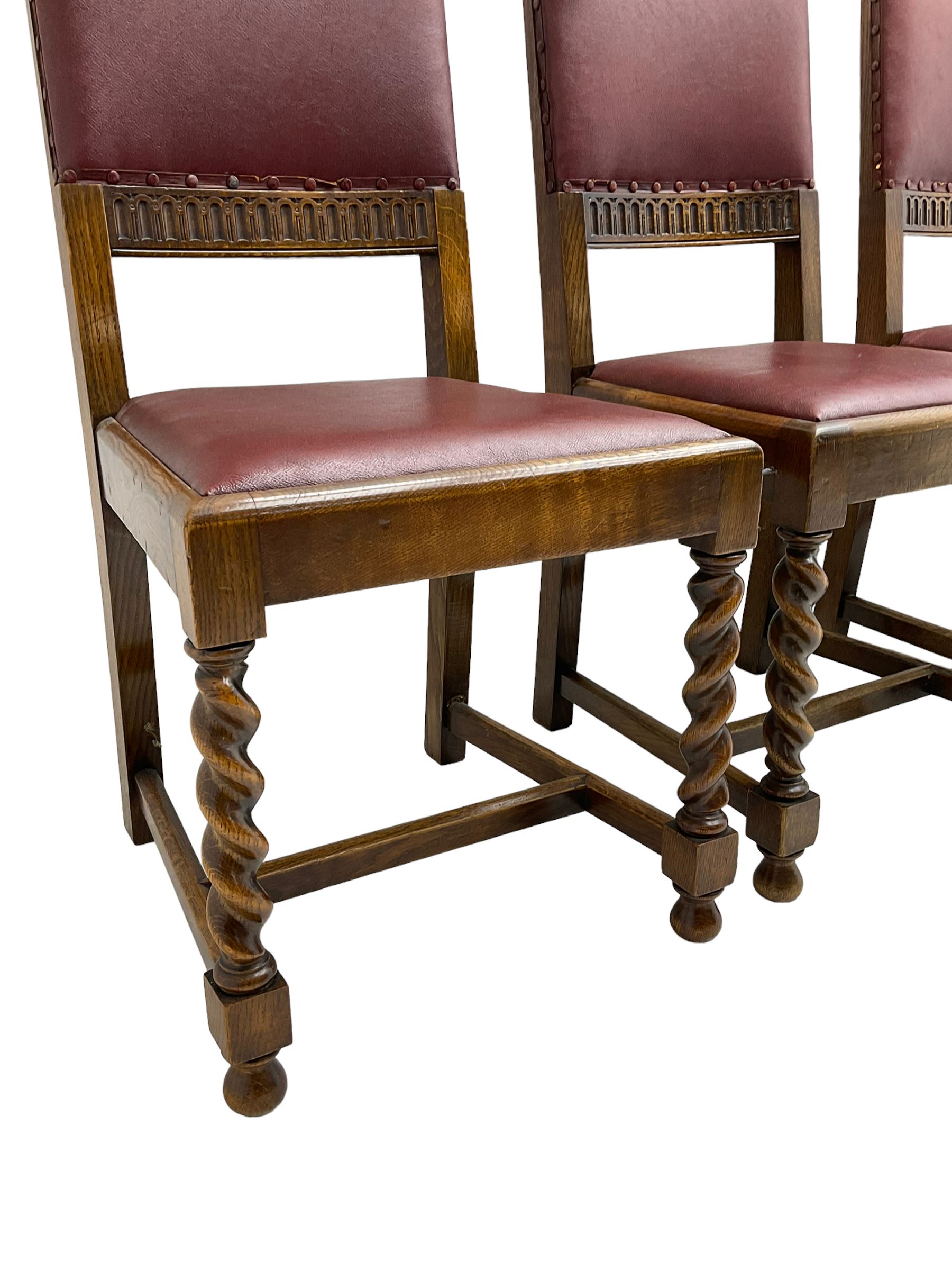 Mid-20th century set seven (6+1) oak barley twist dining chairs, upholstered back and drop in seat, on spiral turned front supports joined by H-shaped stretchers