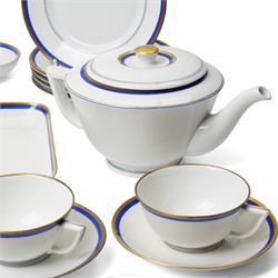 Royal Copenhagen mid-20th century tea service decorated in blue and gilt comprising ten teacups, ten saucers, ten side plates, two triangular serving plates, two square serving plates, teapot, milk jug and covered sucrier 