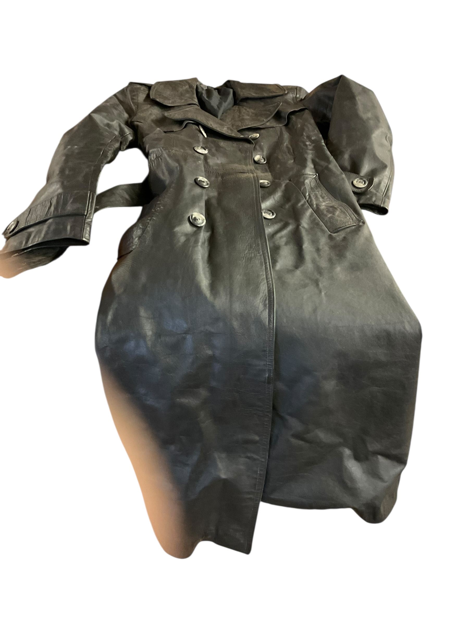 Leather trench coat, together with vintage handbag, camera, binoculars, ballard board  and other collectables 