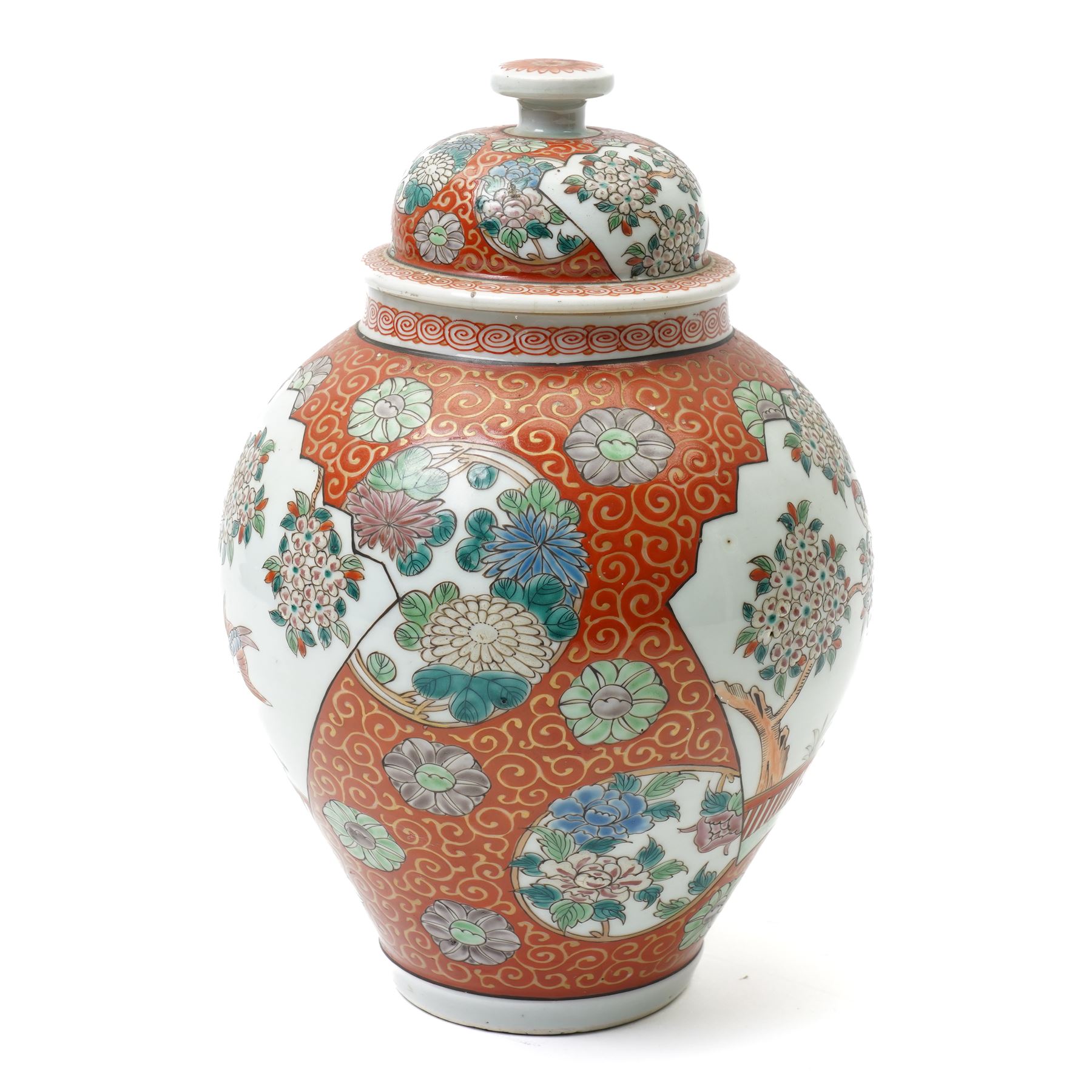 Japanese vase and cover decorated with panels of exotic birds in a fenced garden setting on orange and gilt scroll ground marked Zoshuntei Sanpo Zu H30cm