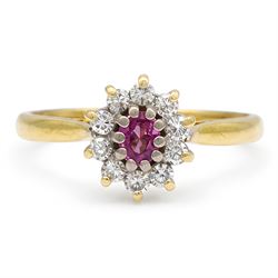 18ct gold pink sapphire and diamond cluster ring, single oval cut sapphire of 0.23 carat, ...