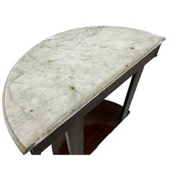 Victorian mahogany and marble demi-lune console table, moulded white and grey veined marble top, on cabriole support carved with paw, demi-lune undertier over compressed bun feet 