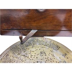 Late 19th century Symphonion disc musical box in inlaid walnut case with front lever action playing 25.5cm discs on a 10.5cm steel comb with forty-nine teeth, musical scene of cherubs under the lid, L33cm; together with five 25.5cm discs, fifteen 20.5cm discs and eleven 19cm discs