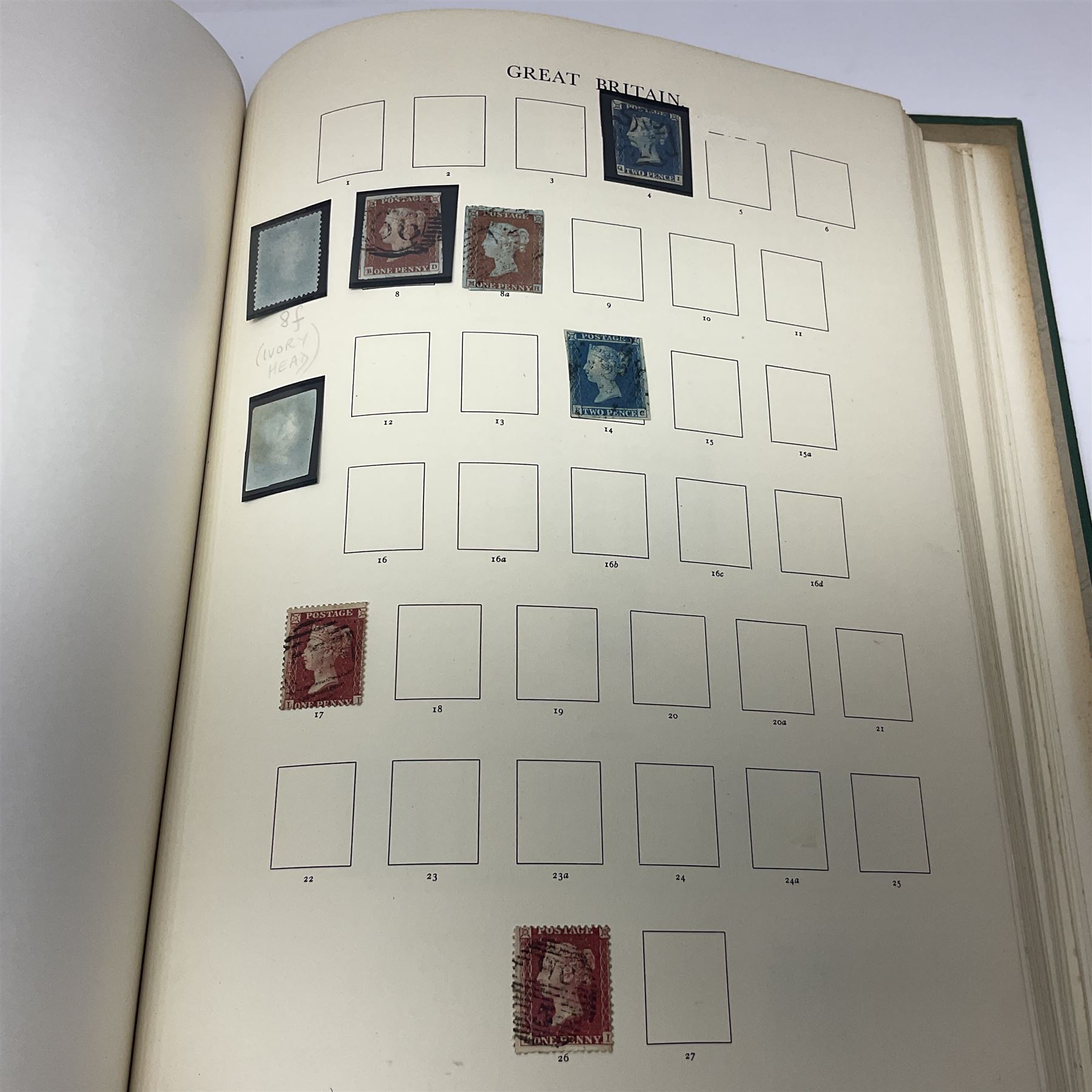 Great British Queen Victoria and later stamps, including perf penny reds, half penny 'bantam', King George V half crown seahorse, Queen Elizabeth II pre-decimal issues etc, housed in a green 'Windsor Album'