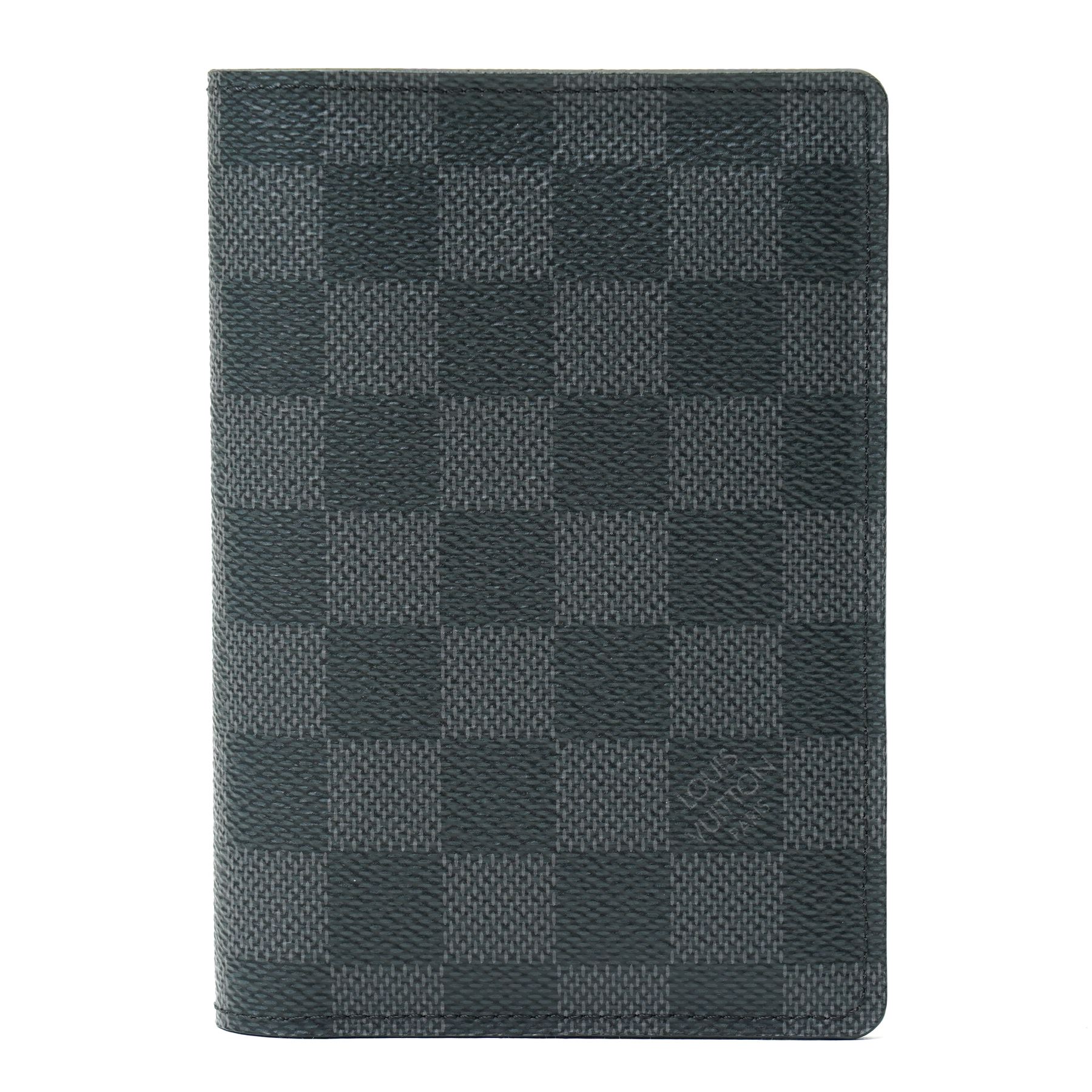 Louis Vuitton Damier Graphite canvas passport holder, the black and grey checkerboard exterior opening to a crossgrain leather interior with card slots and slip pockets, stamped Louis Vuitton Paris and made in Spain, together with original Louis Vuitton box and dust cloth