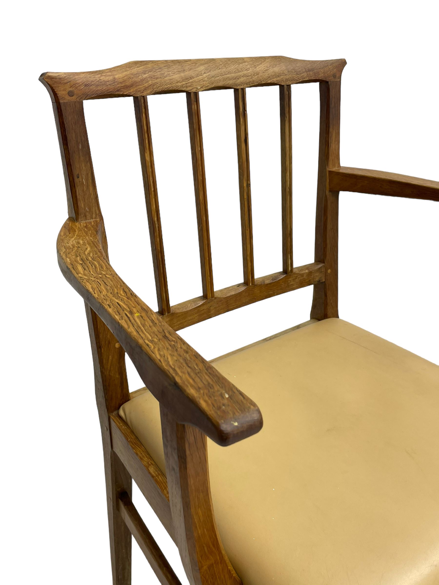 Acornman - set six (4+2) oak dining chairs, shaped cresting rail over moulded upright slats, square tapering supports joined by H-stretchers, by Alan Grainger, Brandsby, York