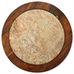 An early Victorian rosewood plant stand with removable marble top, with metal interior liner, circular top above fluted column with arched scroll supports on turned base with scroll feet 