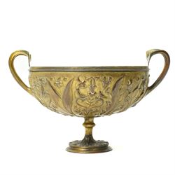 Christofle 'Tresor d'Hildesheim' facsimile gilt metal two handled cup decorated with masks, leaves etc H13cm and a bowl from the same collection with two handles and a raised pattern of leaves on a pedestal foot D19cm (2) 