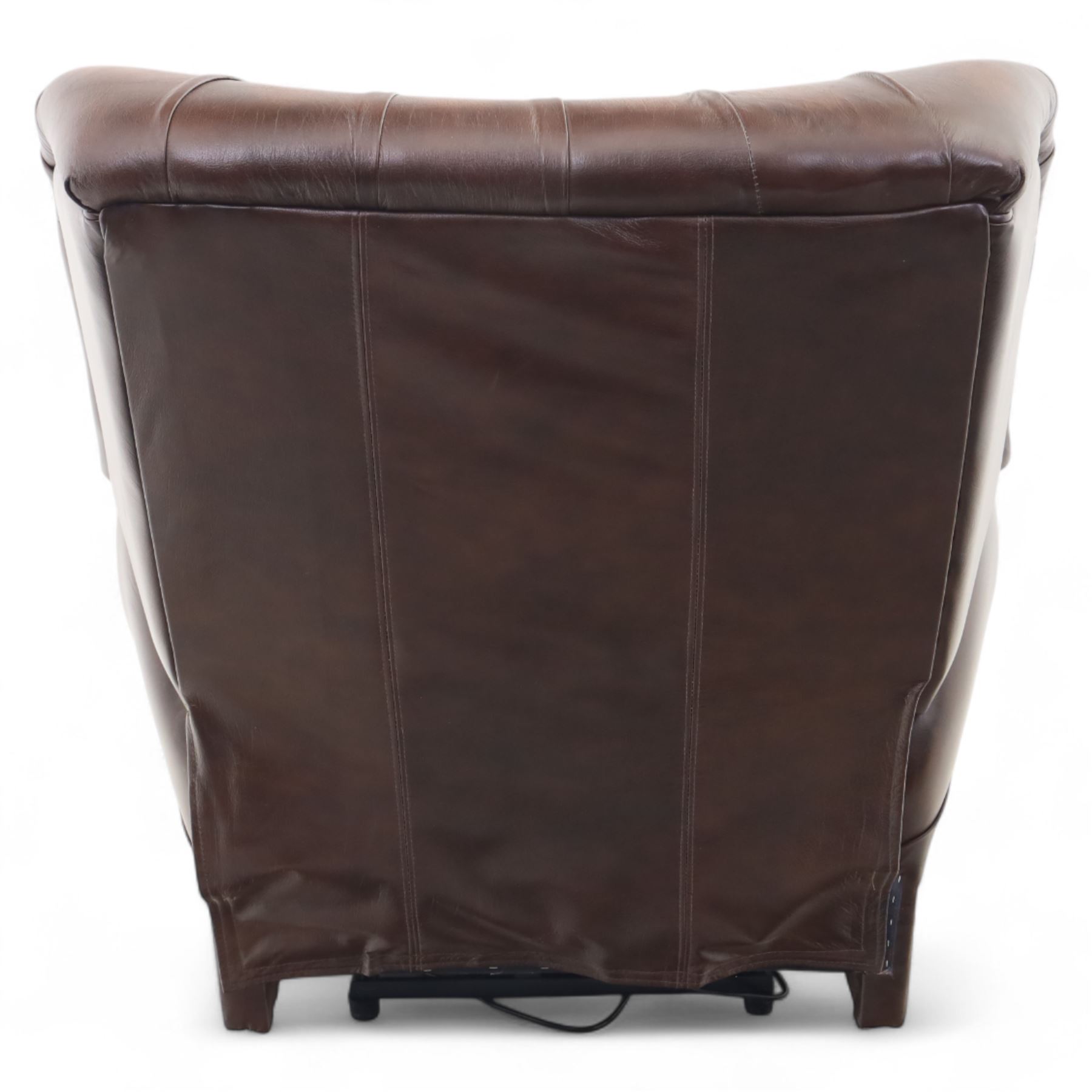 Thomas Lloyd  - electric reclining armchair, brown leather,  button upholstered back, cushion seat, and wide scrolled arms, raised on bun feet 