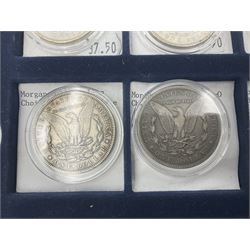 Twelve United States of America silver Morgan dollar coins, dated 1889, 1890, 1891, 1892, 1893, 1894 O, 1895 O, 1896, 1897, 1898 O, 1899 O and 1900 O