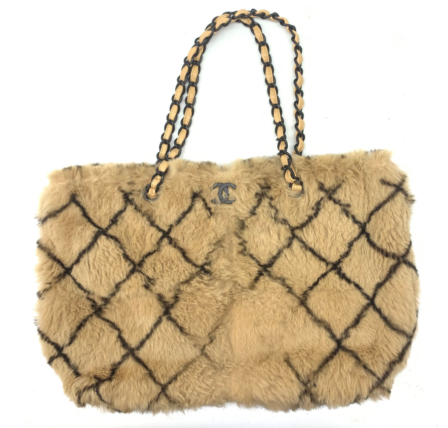 A Chanel 2001 rabbit fur tote bag, with diamond design and beige