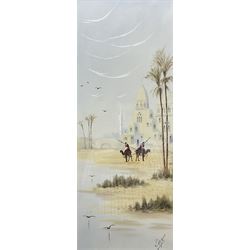 English School (Early 20th century): Men on Camels, gouache indistinctly signed 66cm x 26cm