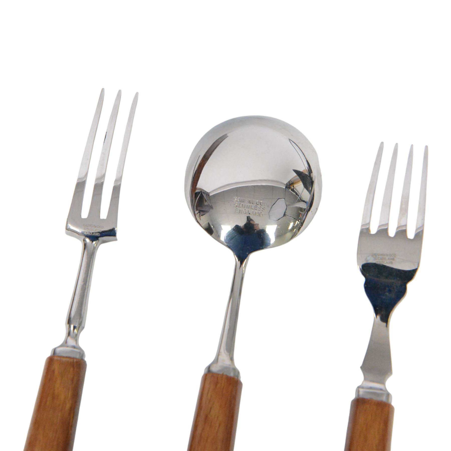 1960's fitted canteen of Sanenwood wooden handled stainless steel cutlery for six covers, including additional fish eaters with slide off tray cover 