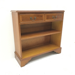 Reproduction inlaid yew wood open bookcase, two drawers, shaped bracket supports, W77cm, H75cm, D28cm