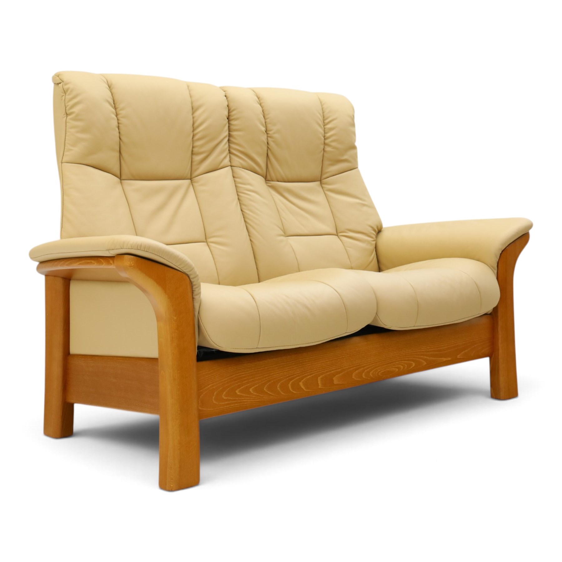 Ekornes Stressless - beech framed reclining two seater sofa, out-swept arms over tapering supports, upholstered in beige leather
