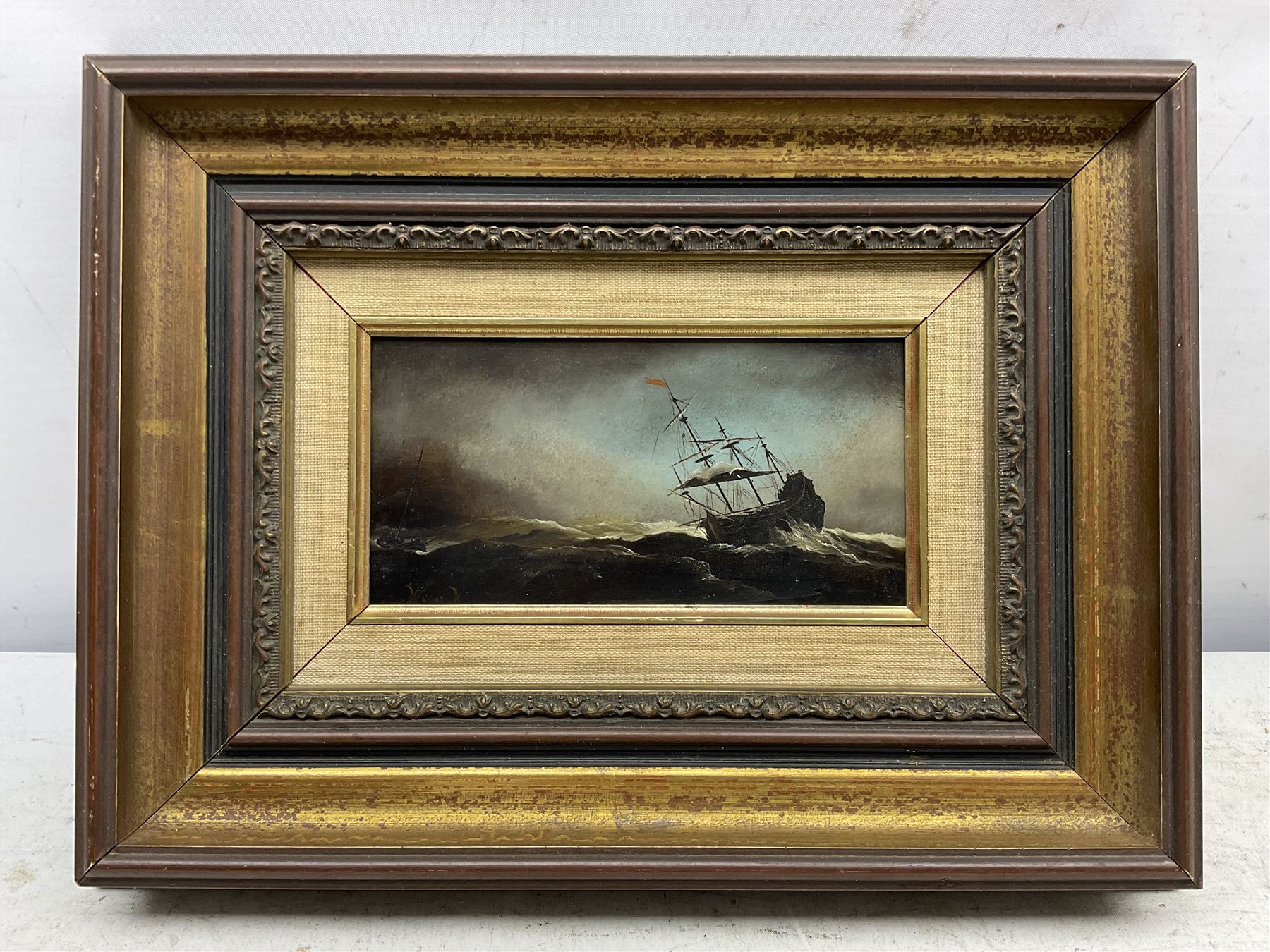 Style of Willem van de Velde the Younger (Dutch 1633-1707): Ship in Storm Conditions, oil on panel bearing initials 8cm x 16cm