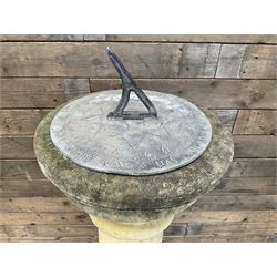 Victorian design cast stone sun dial, circular column with lead NESW plate