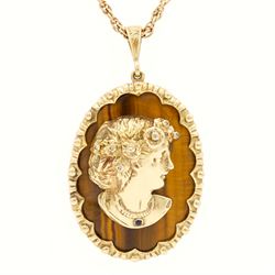 9ct gold tiger's eye diamond and sapphire portrait pendant necklace, oval cut tiger's eye,...