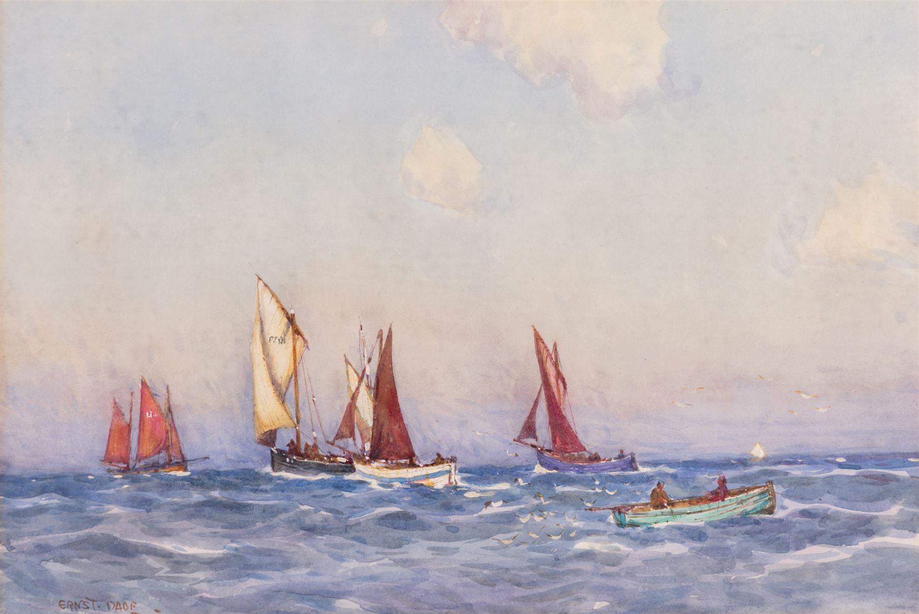 Ernest Dade (Staithes Group 1864-1934): Lowestoft and Penzance Boats off Scarborough, watercolour signed 23cm x 34cm